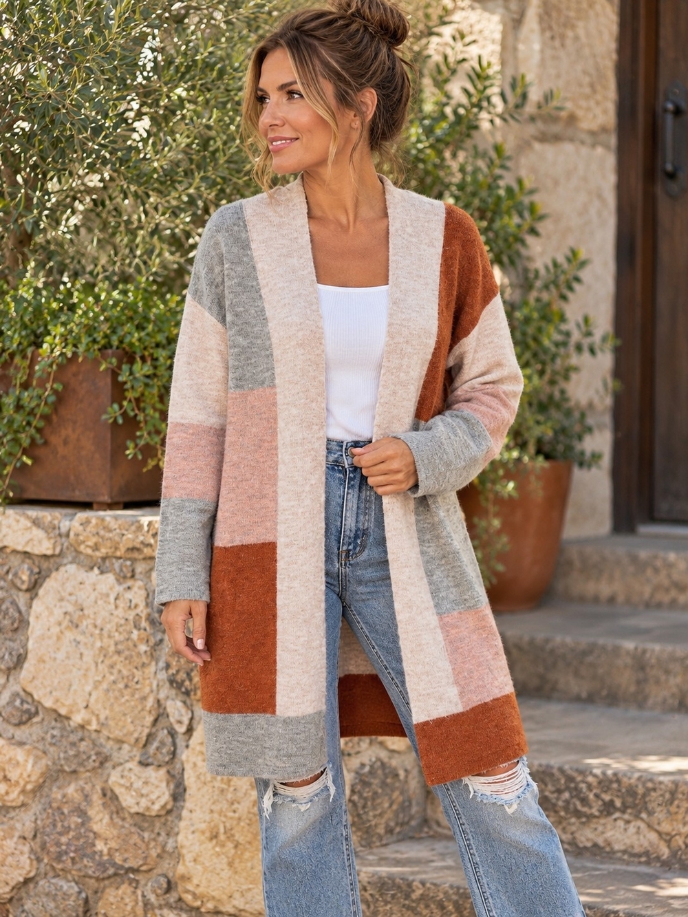 Mystree Color Block Long Open Cardigan Duster Rust Blush Gray Boho Small